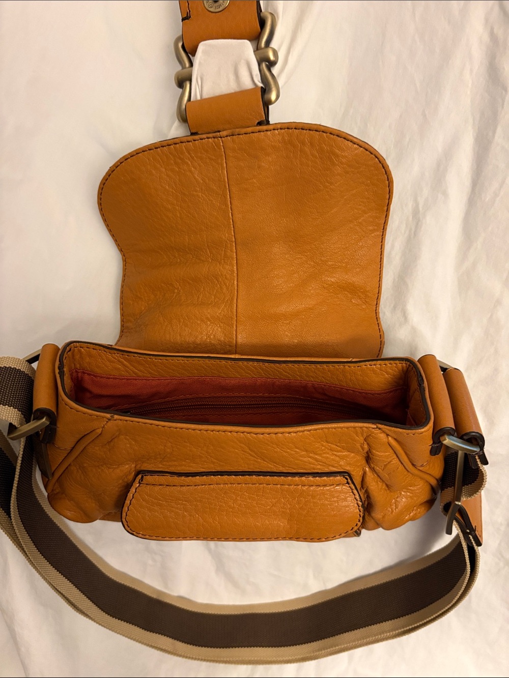 Folli Follie | Leather Saddle Crossbody Bag in Tan with Striped Strap - Picture 3 of 3